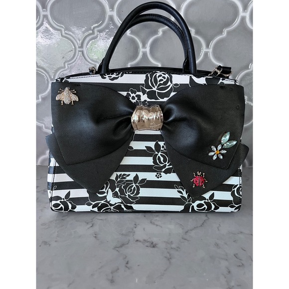 Betsey Johnson Handbags - Betsey Johnson Glam Garden Striped Rose Satchel Large Bow Jeweled Crossbody Bag